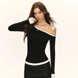 Spice Girls Sexy Out-To-Shoulder Solid Color Splicing Long-Sleeved T-Shirt Girl Spring New Slimy Korean Version Of Fashion Top Tide