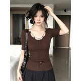 French Temperament With U-Neck Short-Sleeved T-Shirt For Women's Summer Design To Slim Thin Niche Tops