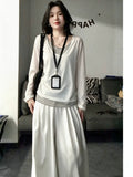 Snowflake Cotton Korean White Striped Fake Two Casual Long-Sleeved T-Shirts Folded V-Necked Women