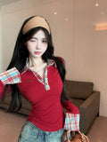 Korean Red Lattice Spliced Long-Sleeved T-Shirts For Girls In Spring And Autumn And Winter Repair Clothes And Fake Two Morning And Autumn Tops