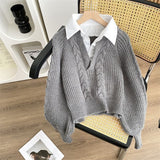 Sweater Autumn And Winter Splicing Women's Shirt Wearing Design Sense Of A Small Collar Loose Jasmine Knitted Shirt Two