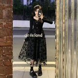 Gentle Wind Black Fried Street Dress Women 2025 Autumn And Winter New Long Sleeves To Close The Waist Thin Net Grankin Floral Skirt