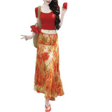 Vintage Bright Atmosphere Red T-Shirt Top + Oil Painting Large Flower Skirt Dress 2026 Summer