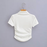 2025 Pure Lustful Wind Sexy Tight Chest Flanked Folded T-Shirt Thread Half-High Collar Short-Sleeved Top Woman