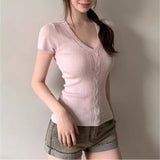 4.1/New In Spring XUAN XIAO JIE Solid Color V-Necked Knitted Short-Sleeved T-Shirt For Women
