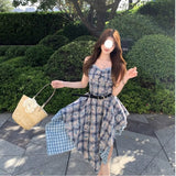 Blue Tie-Dye Splicing Lattice Sling Dress Femininity Summer Temperament Holiday Style Thin Irregular Long Skirt