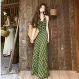 Vintage Fresh Green Lattice Dress Women 2026 New Gentle Temperament To Show Thin Back Dress