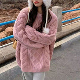 Autumn And Winter New Solid Color Soft Sticky Flower Sweater Female Retro Loose Thick Sesame T-Shirt