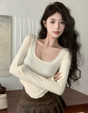 Human Cotton Autumn Sexy Pure Lust U Collar Long-Sleeved T-Shirt Irregular Short Top Girl Slime Bottom Shirt