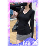 270 Grams Double-Sided Velvet Autumn Warm Solid Color V-Neck Long-Sleeved T-Shirt Girl Body Pure Lust Wind Bottom Shirt Top