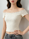Sexy Pure Lust Thread Word Shoulder Broken Flower Slime Shoulder Short-Sleeved T-Shirt Girl Summer Hottie Thin Bottom Topess Female T
