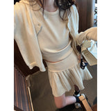 KANING College Wind Knitted Sweater Three-Piece Set 2026 Autumn And Winter New Cardigan T-Shirt T-Shirt 100-Folded Skirt Set For Women