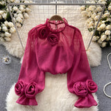 French Shirt Female Design Sense Small Three-Dimensional Flower Bubble Sleeves To Reduce The Age Of Pure Color Chiffon Shirt Women's Long-Sleeved Top