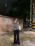 Korean Striped Fake Two-Word Shoulder Long-Sleeved T-Shirt Women's Spring And Autumn Lazy Sweet Hottie Top Loose Thin