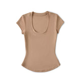 Pure Breeze Summer Cool U Collar Short-Sleeved T-Shirt Thening Waist Thin Bottom Half-Sleeved Top Sexy Comfortable