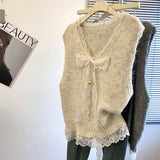 KANING Lace Bow V-Neck Sweater Vest 2026 Early Autumn New Women's Clothing Folded Sleeveless Knitted Top