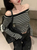 260G Cotton Autumn With Long Sleeves Hottie Hit Stripe One-Word Female Short-Cut Bottom Shirt