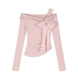 [Original Fabric] Pure Lust Wind Shoulder-Piny Pink Bottoming Shirt Female Hottie Bow Lace Spliced On The Shoulder