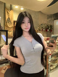 Ins Small Sexy Babes V-Neck Button Short-Sleeved T-Shirt Girl Xia Pure Desire To Practice Fashion Sister Bottom Top Woman T-Tide