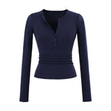 V-Neck Button Long-Sleeved T-Shirt V Collar Slimming Top New