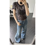 Net Yarn Sexy Hottie Round Collar Shoulder Short-Sleeved T-Shirt Girl Summer New Slim Slim Short-On-Wear Tide