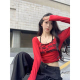 Vintage Sweet Babes Red Long-Sleeved T-Shirts For Autumn And Winter New Letters Slimming Inside A Short Top
