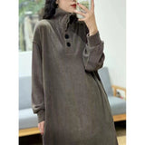 Autumn And Winter Commute Wind Solid Color Button High-Collar Dress Women Loose Waist Cover Meat Age Over The Knee Long Clock Dress