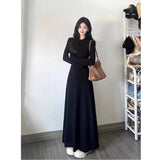 Autumn French Hepburn Black Long-Sleeved Collar Dress Femininity Elegant Height Waist A Long Dress
