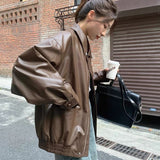 Vintage Brown Leather Women's Short 2025 Autumn Small Korean Version Of Loose Leather Jacket Handsome Locomotive Jacket