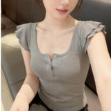 U-Neck Double-Layered Small Flying Sleeve Lotus Leaf Side Short-Sleeved T-Shirt Slimming Sweet Pure Desire Female Top