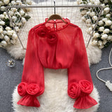 French Shirt Female Design Sense Small Three-Dimensional Flower Bubble Sleeves To Reduce The Age Of Pure Color Chiffon Shirt Women's Long-Sleeved Top