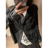 KANING Lattice Splicing Two Knitted Cardigan Women 2026 Autumn And Winter New Lazy Sweater Top Coat