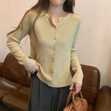 KANING Korean Scissors Collar Thin Knitted Cardigan 2026 Autumn New Long-Sleeved Knitted Bottom Sweater Woman