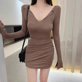 Big V Collar Collar Collar Collar Collar Side Folding Dress Autumn Hottie Pure Lust Dress Open Horn Sleeve