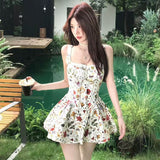 French Hottie Style Cross-Tieed With Broken Flower Sling Dress Girl Summer Sweet Low-Collar PonÅîy A-Skirt Skirt