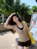 Korean Sweet T-Shirt Girl Summer New Two Strapped Hanging Neck Sling Design Snowflake Bamboo Cotton Blouse