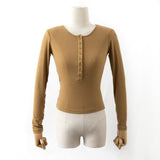 Spice Girls Spring And Summer Perspective Buckle Long-Sleeved T-Shirt Fine Knitted Short Collar Blouse