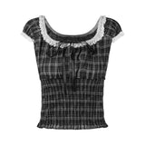 Sweet Hottie Style Retro Plaid Sleeveless Shirt Women 2025 Summer New Sexy Collar On The Shoulder