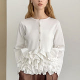 Multiplication Lotus Leaf-Side Spliced Folded Long-Sleeved Knitted Jersey Autumn And Winter Korean Version Of Lean Heavy Industry White-Collar Knitted Top