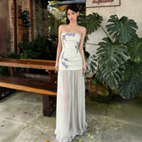 White Embroidery Dress Sexy Wind Mesh Splicing Bra Dress Women Summer Repair Height And Waist-Bosing Long Skirt