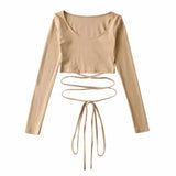 Roal Tie With Jersey Long-Sleeved Women's Clothing 2025 New Solid Color Round Collar T-Shirt Girl
