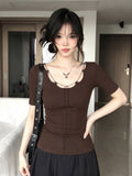 French Temperament With U-Neck Short-Sleeved T-Shirt For Women's Summer Design To Slim Thin Niche Tops
