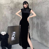 Vintage Chinese Velvet Cheongsam Improved Dress New Chinese Open Fork Tall Cool Black Temperament Long Dress