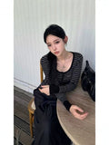 Sexy Pure Desire To Hit The Color Striped Button Long Sleeve Bottom T-Shirt Girl New Hot Girl Autumn And Winter Body Bottoming Top Woman T