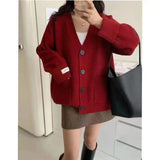 KANING Roll-Fleet Sticker V-Neck Button Knitted Cardigan 2026 Autumn New Korean Lazy Loose Sweater