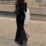 Autumn Sexy Style Pure Color Low-Necked Long Sleeve Dress Female Senior Feel Waist-Buffed Fishtail Long Dress