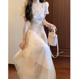 Temperament High Sense Of Thousands Of Gold Wind Pink Heavy Industry Mesh Splicing Dress With Flowers Threum 2026 Summer