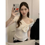 Sexy Splicing Wave Show Shoulder Short-Sleeved T-Shirt Girls Summer Pure Lust Style Slimming Short Top