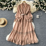 French Court Retro Elegant Dress Women's Collar Horn Sleeves To Close Single Buckle Lace Splicing Large Swing Dress