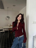 Pure Hot Girl Wine Red V Long Sleeves With A Bottom Shirt Girl Spring And Autumn Body Tight Shoulder T-Shirt Short Shirt
